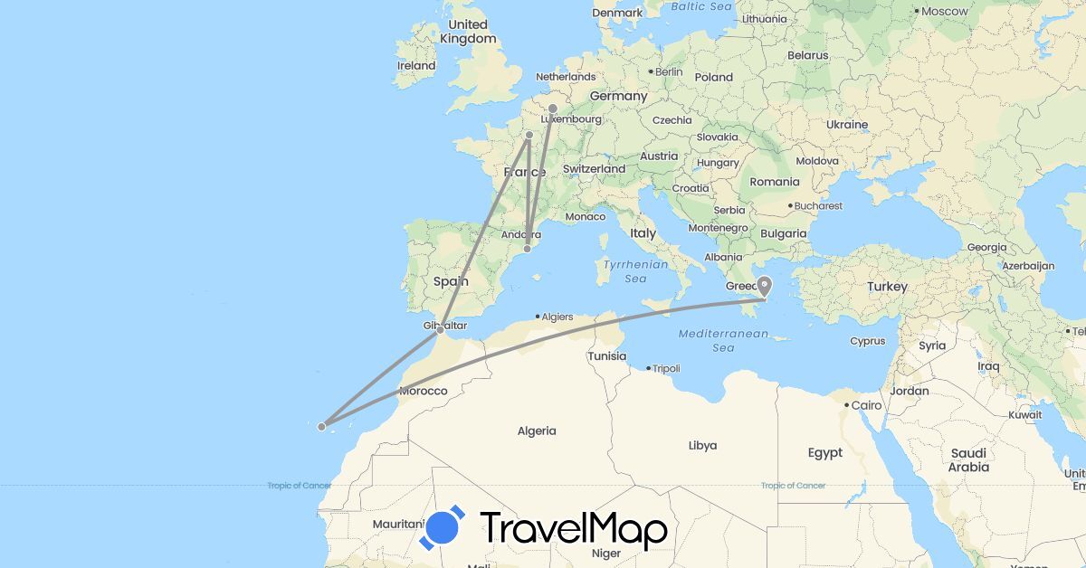 TravelMap itinerary: driving, plane in Belgium, Spain, France, Greece, Morocco (Africa, Europe)